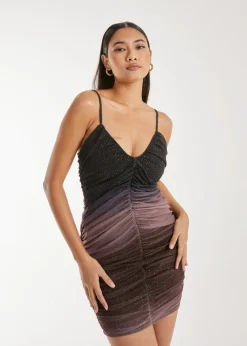 Pink Vanilla Brown Strappy Ruched Sparkle Ombre Mini Dress