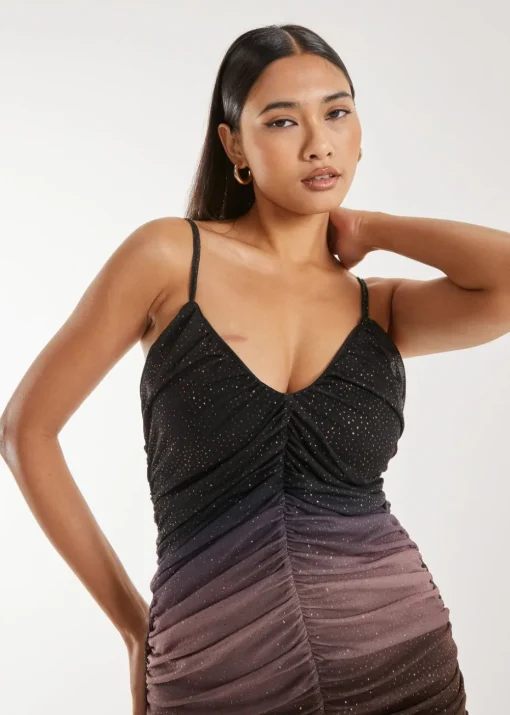 Pink Vanilla Brown Strappy Ruched Sparkle Ombre Mini Dress