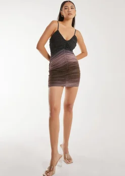 Pink Vanilla Brown Strappy Ruched Sparkle Ombre Mini Dress