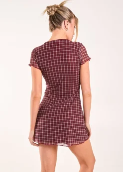 Pink Vanilla Burgundy Check Cap Sleeve Mini Dress