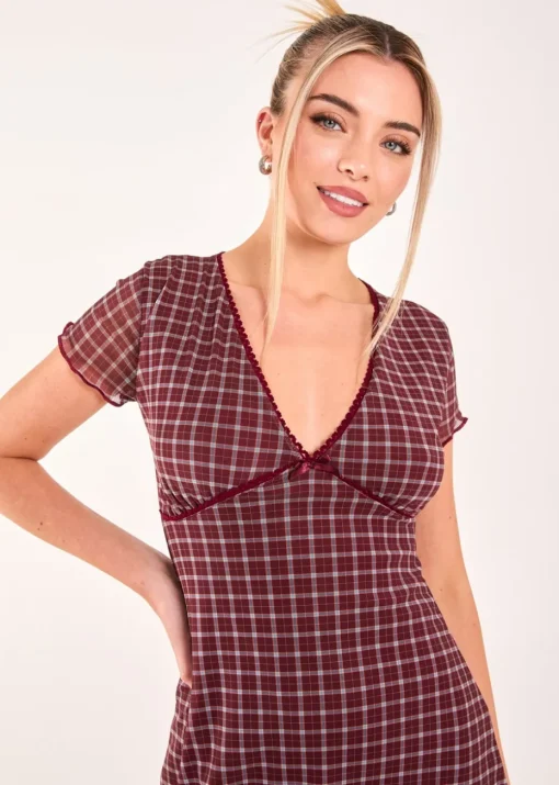 Pink Vanilla Burgundy Check Cap Sleeve Mini Dress