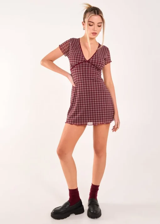 Pink Vanilla Burgundy Check Cap Sleeve Mini Dress