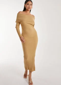 Pink Vanilla Camel Bardot Ribbed Knit Midi Dress