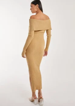 Pink Vanilla Camel Bardot Ribbed Knit Midi Dress