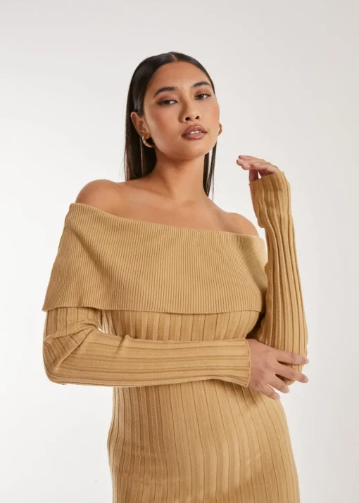 Pink Vanilla Camel Bardot Ribbed Knit Midi Dress