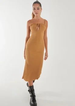 Pink Vanilla Camel Crinkle Tie Midi Dress