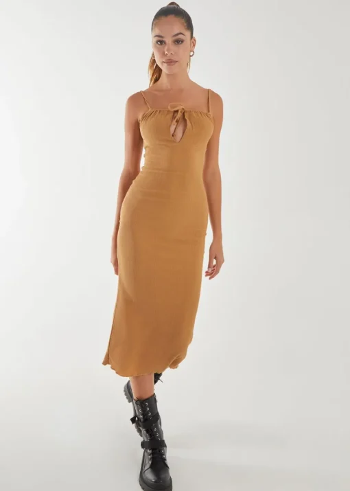 Pink Vanilla Camel Crinkle Tie Midi Dress