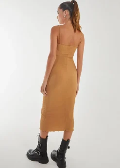 Pink Vanilla Camel Crinkle Tie Midi Dress