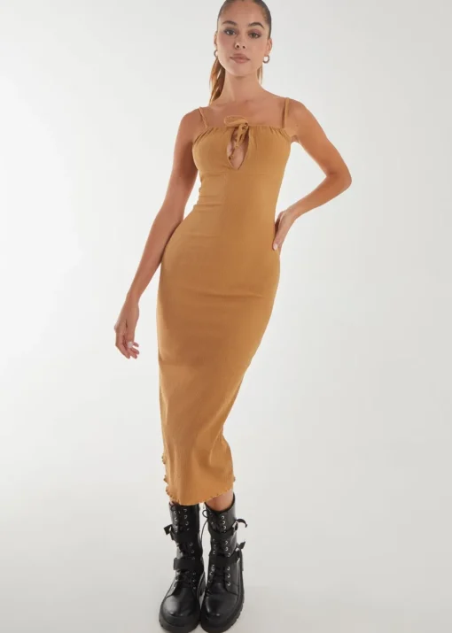 Pink Vanilla Camel Crinkle Tie Midi Dress