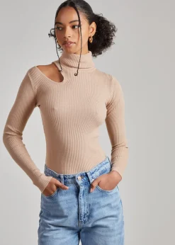 Pink Vanilla Camel Knit Cut Out Turtle Neck Top