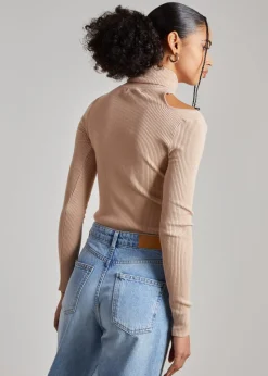 Pink Vanilla Camel Knit Cut Out Turtle Neck Top
