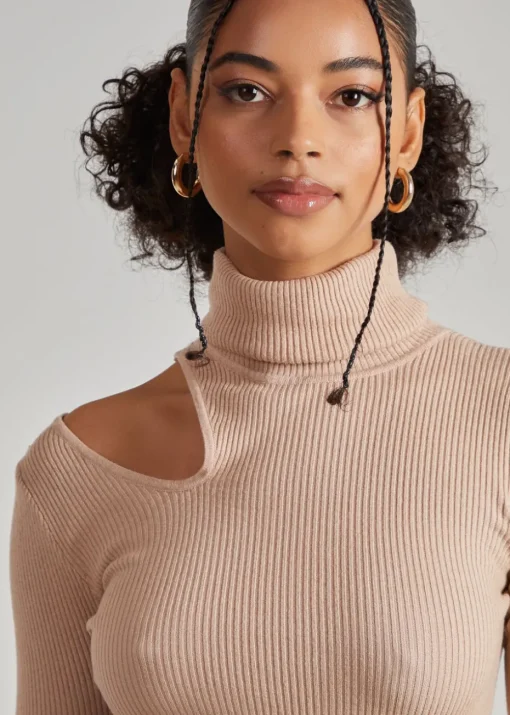 Pink Vanilla Camel Knit Cut Out Turtle Neck Top
