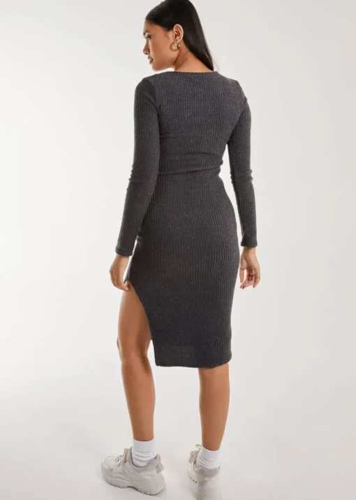 Pink Vanilla Charcoal Soft Brushed Rib Long Sleeve Midi Dress