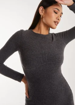 Pink Vanilla Charcoal Soft Brushed Rib Long Sleeve Midi Dress