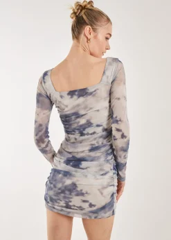 Pink Vanilla Cream Long Sleeve Distressed Print Mini Dress