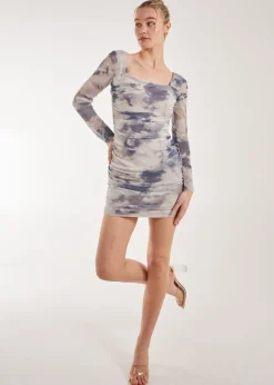 Pink Vanilla Cream Long Sleeve Distressed Print Mini Dress