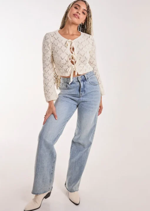 Pink Vanilla Cream Tie Front Crochet Top