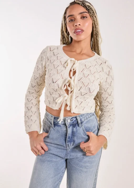 Pink Vanilla Cream Tie Front Crochet Top