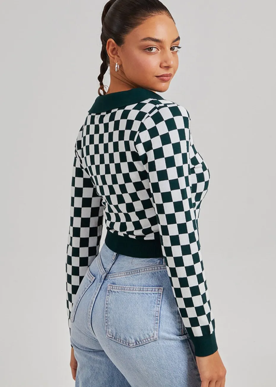 Pink Vanilla Green Notch Collar Checkered Top