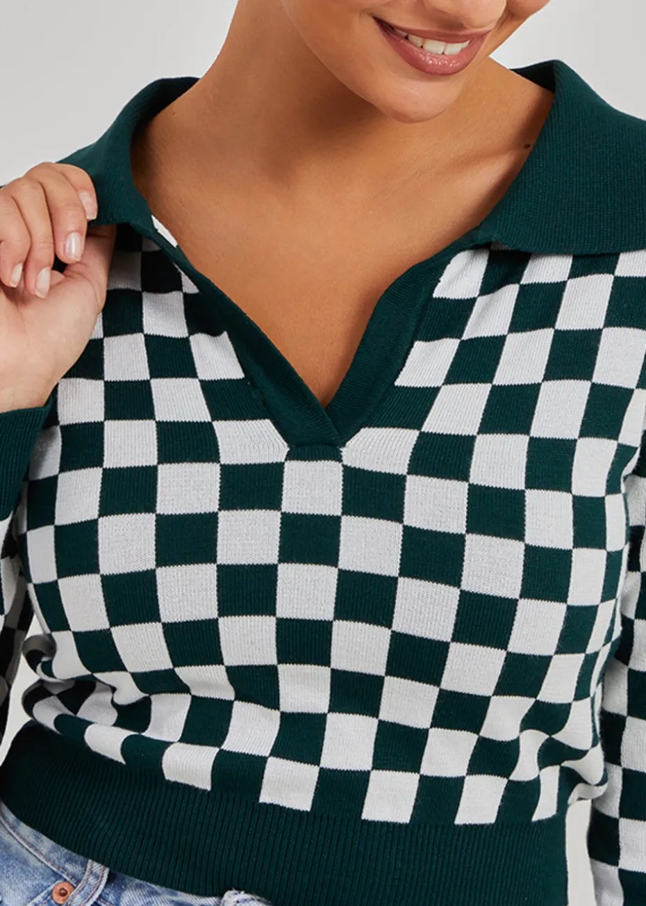 Pink Vanilla Green Notch Collar Checkered Top
