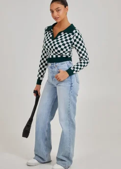 Pink Vanilla Green Notch Collar Checkered Top