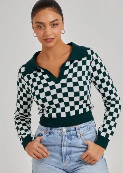 Pink Vanilla Green Notch Collar Checkered Top