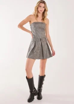 Pink Vanilla Grey Stone Wash Bandeau Pleated Mini Dress