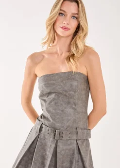 Pink Vanilla Grey Stone Wash Bandeau Pleated Mini Dress