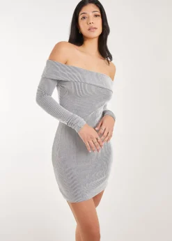 Pink Vanilla Grey Two Tone Rib Bardot Mini Dress