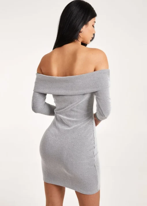 Pink Vanilla Grey Two Tone Rib Bardot Mini Dress
