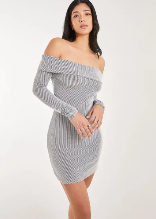 Pink Vanilla Grey Two Tone Rib Bardot Mini Dress