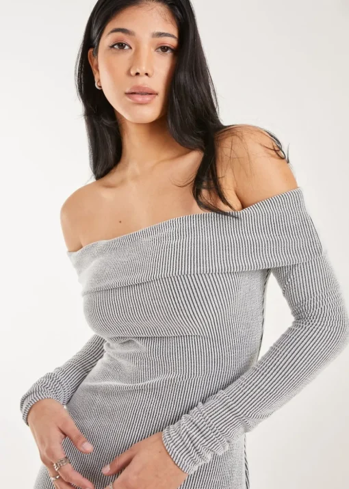 Pink Vanilla Grey Two Tone Rib Bardot Mini Dress