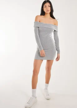 Pink Vanilla Grey Two Tone Rib Bardot Mini Dress