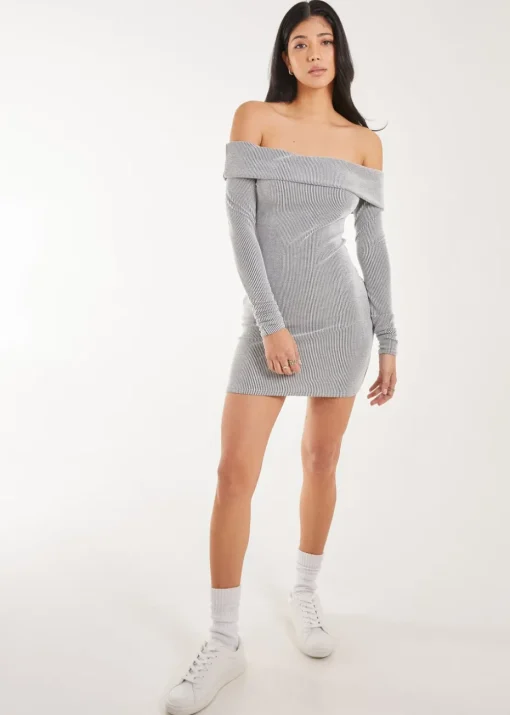 Pink Vanilla Grey Two Tone Rib Bardot Mini Dress