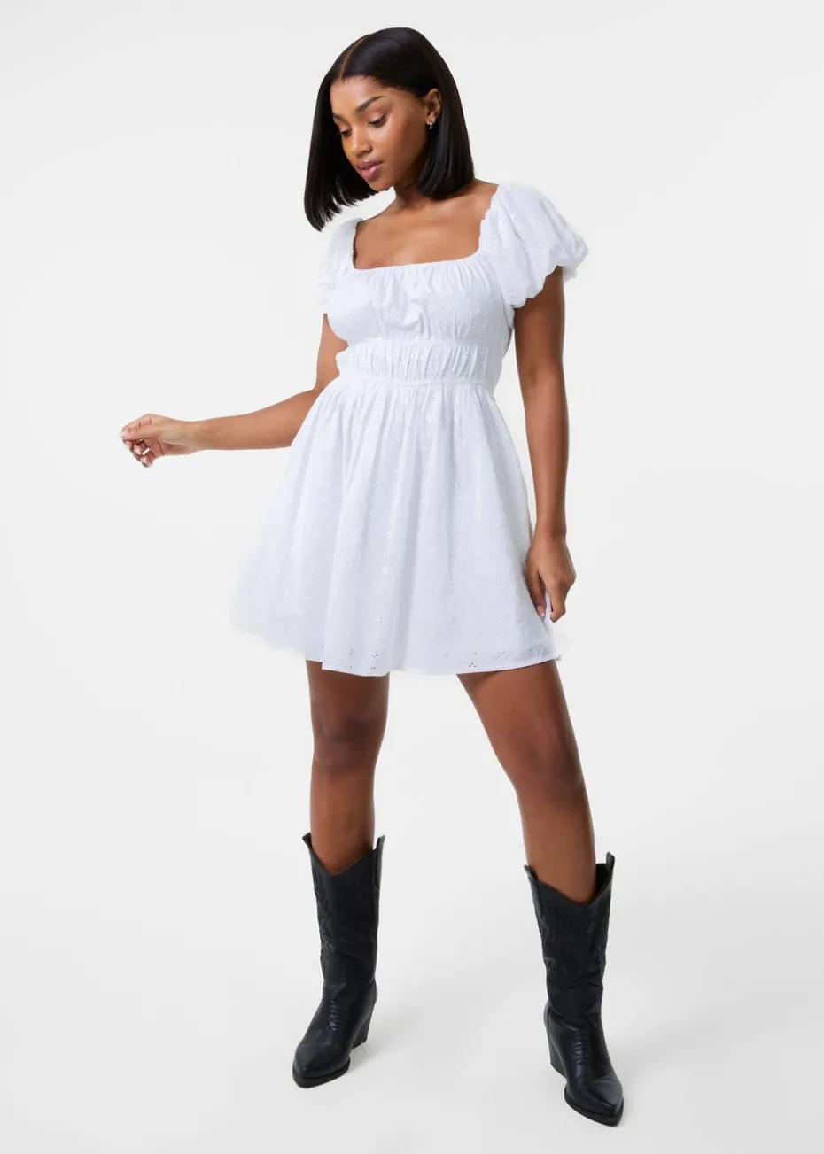 Pink Vanilla Ivory Broderie Puff Sleeve Mini Dress With Shorts