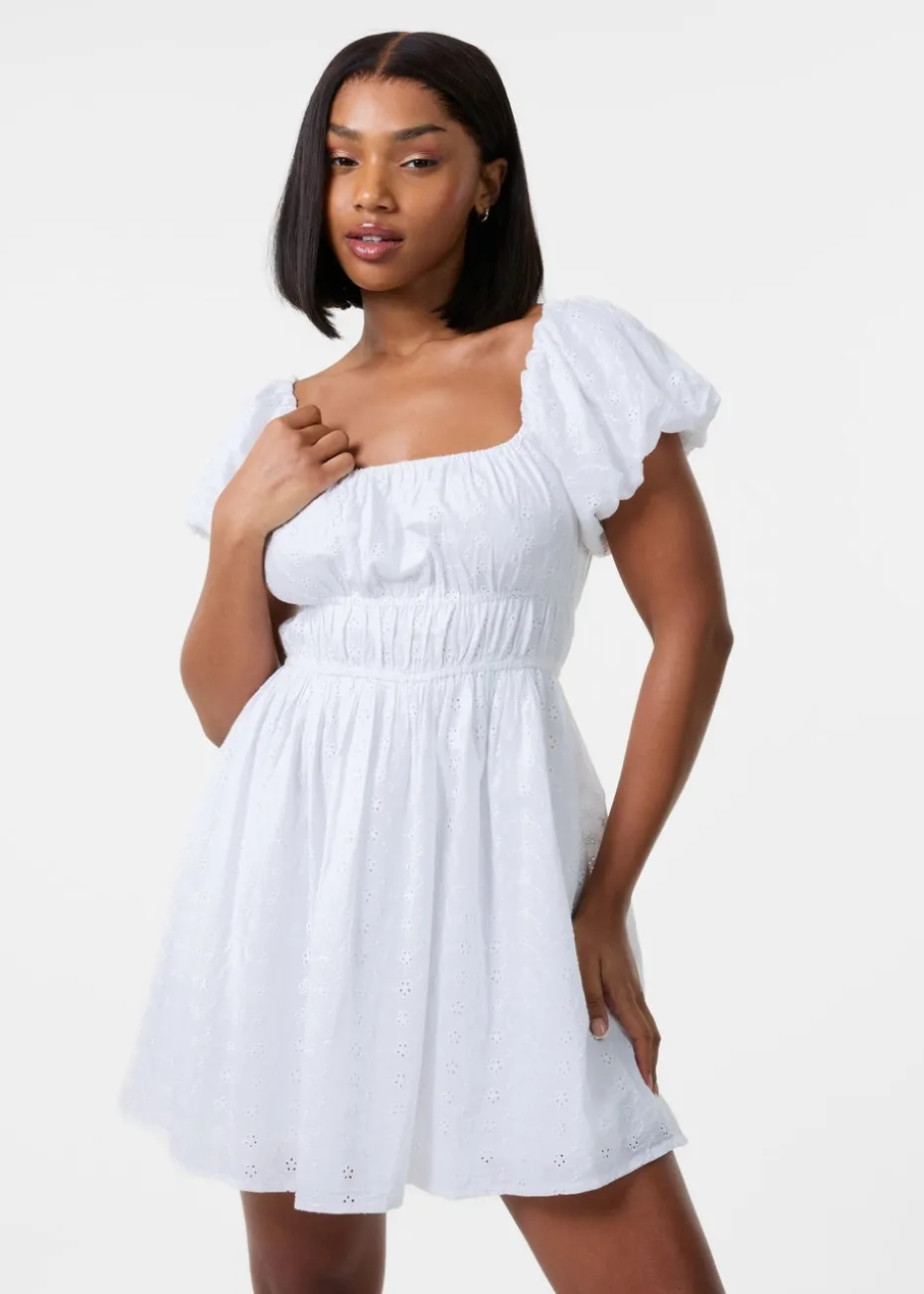 Pink Vanilla Ivory Broderie Puff Sleeve Mini Dress With Shorts