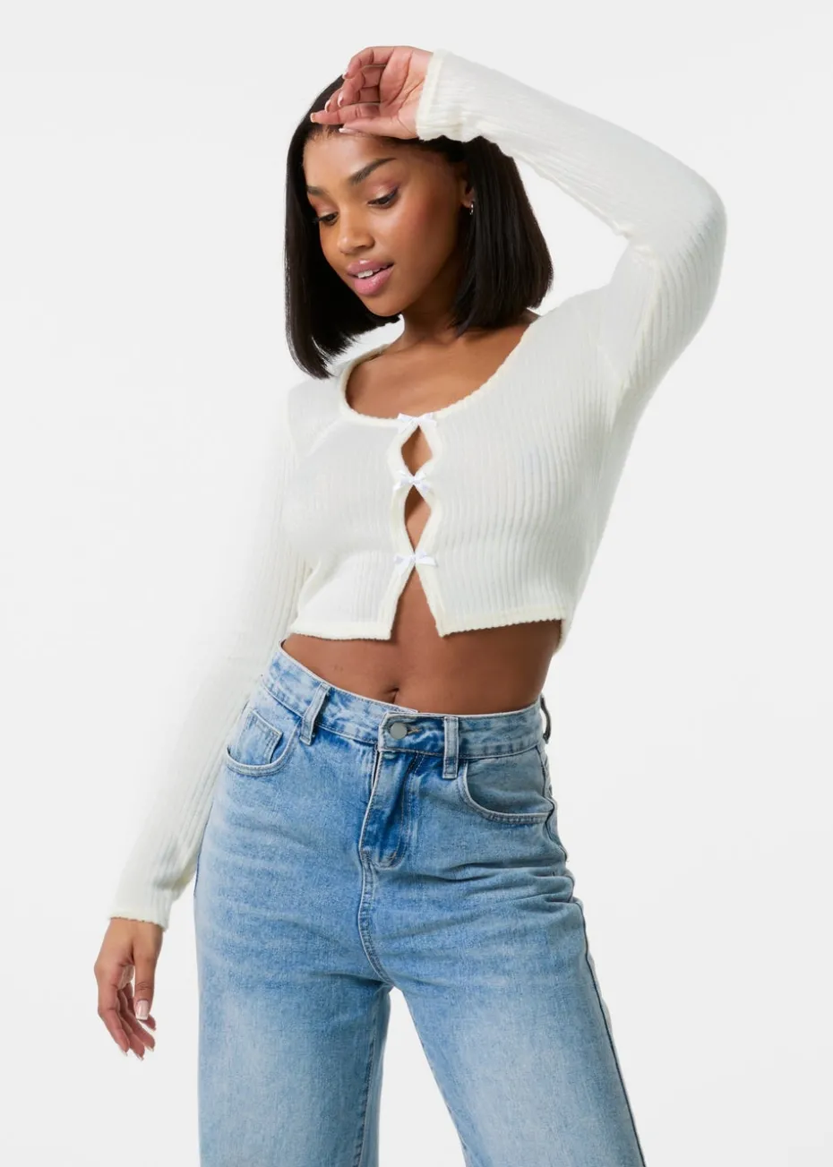 Pink Vanilla Ivory Brushed Rib Bow Top