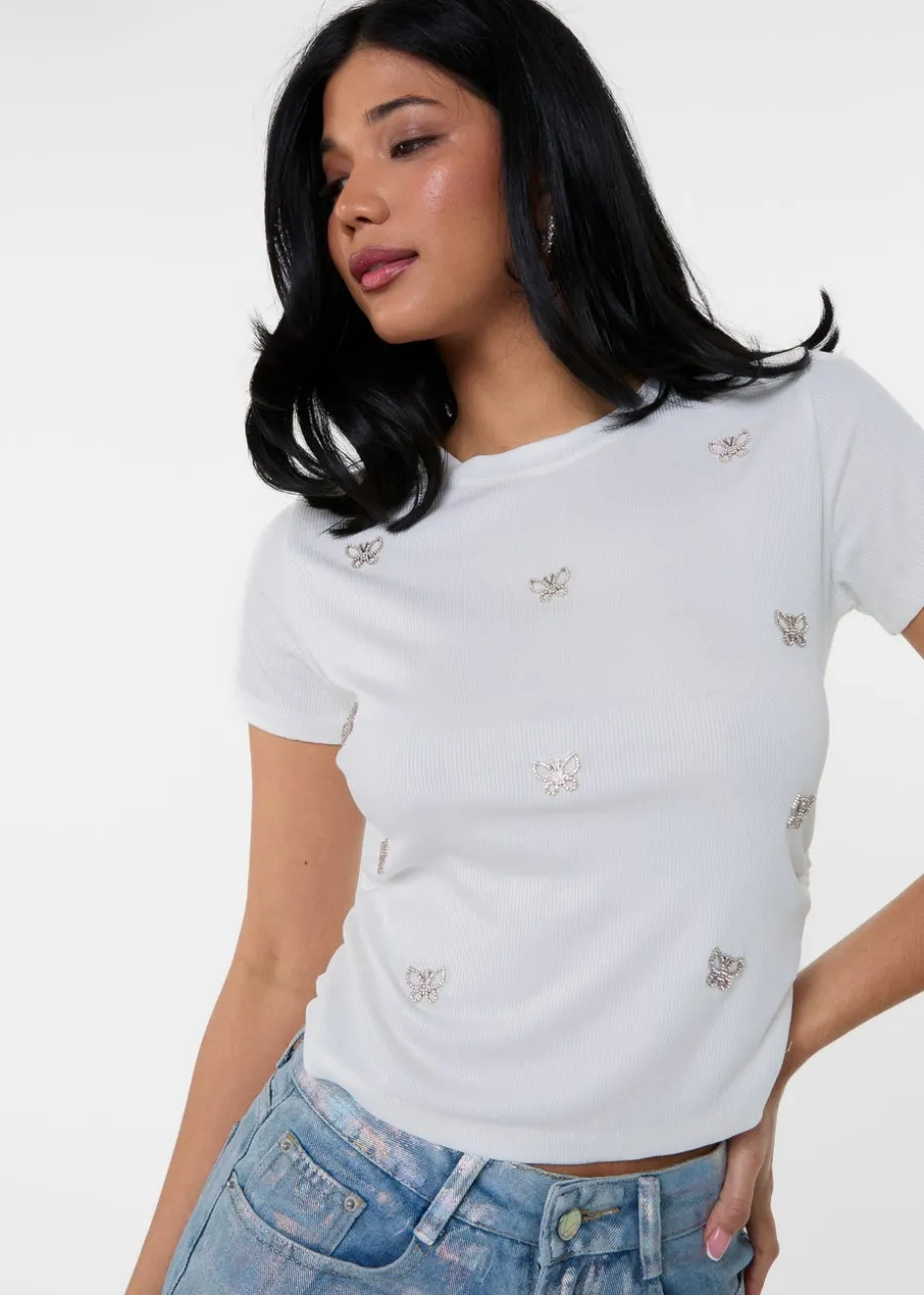 Pink Vanilla Ivory Butterfly Embellished T-Shirt