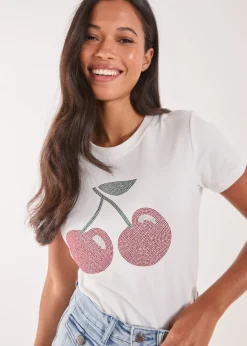 Pink Vanilla Ivory Cherry Embellished T-Shirt