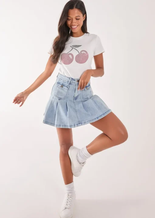 Pink Vanilla Ivory Cherry Embellished T-Shirt