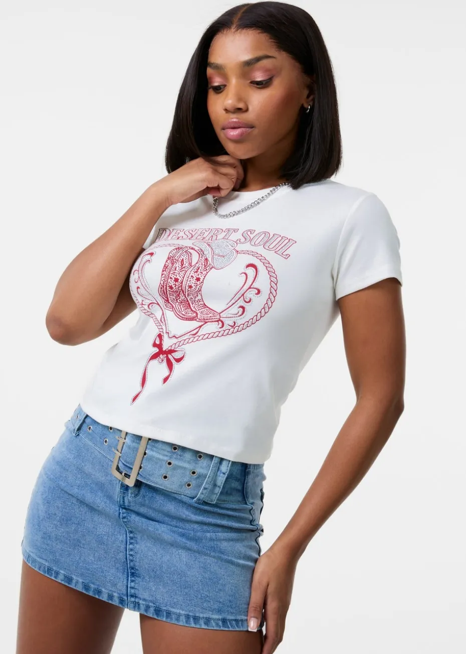 Pink Vanilla Ivory Cowboy Boot Embellished T-Shirt