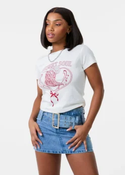 Pink Vanilla Ivory Cowboy Boot Embellished T-Shirt