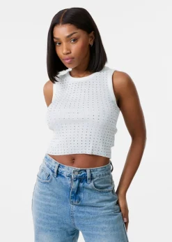 Pink Vanilla Ivory Diamante Ribbed Vest