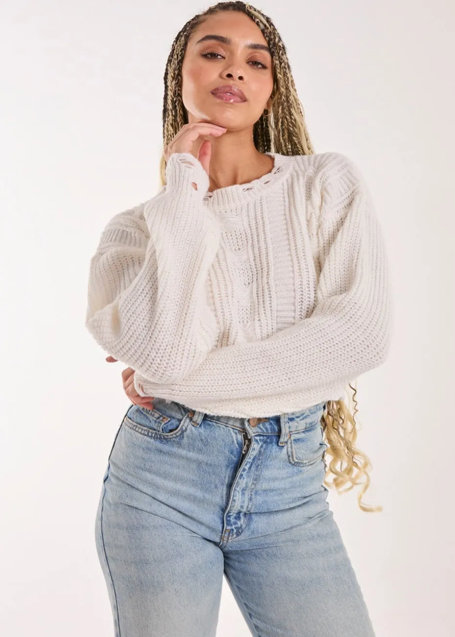 Pink Vanilla Ivory Distressed Cropped Knit Jumper