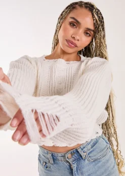 Pink Vanilla Ivory Distressed Cropped Knit Jumper