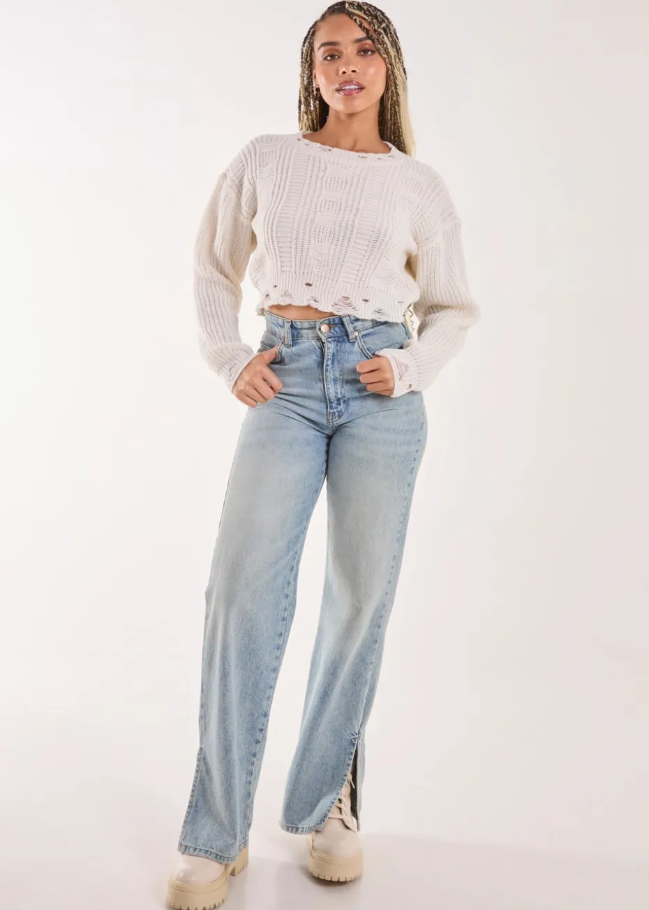 Pink Vanilla Ivory Distressed Cropped Knit Jumper