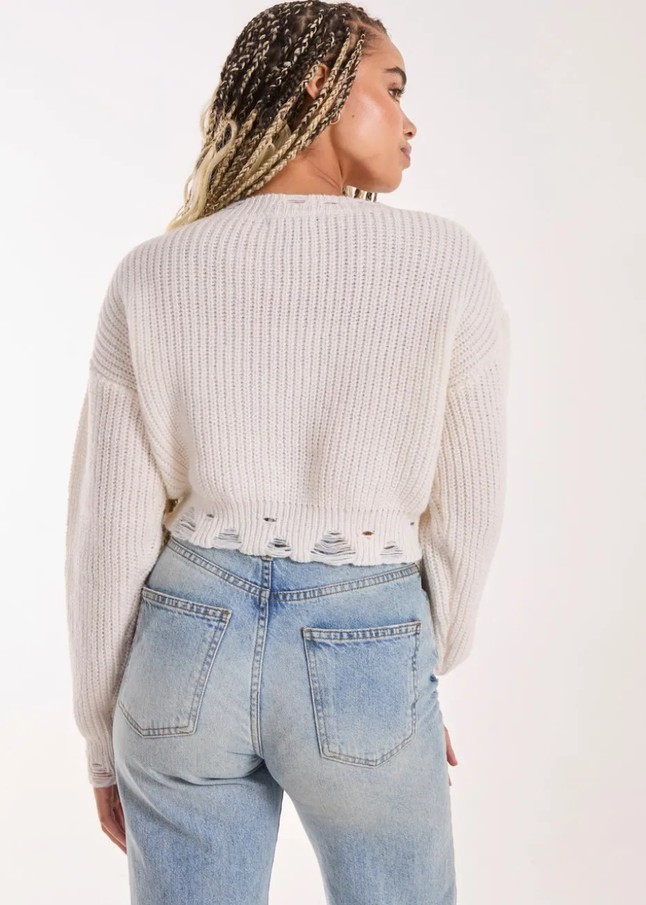 Pink Vanilla Ivory Distressed Cropped Knit Jumper