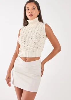 Pink Vanilla Ivory Knitted High Neck Threaded Sleeveless Top