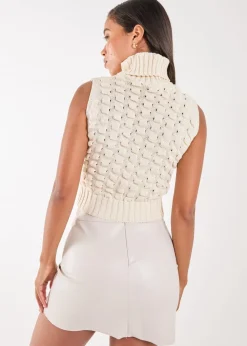 Pink Vanilla Ivory Knitted High Neck Threaded Sleeveless Top