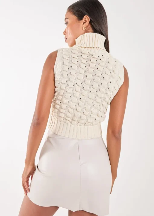 Pink Vanilla Ivory Knitted High Neck Threaded Sleeveless Top